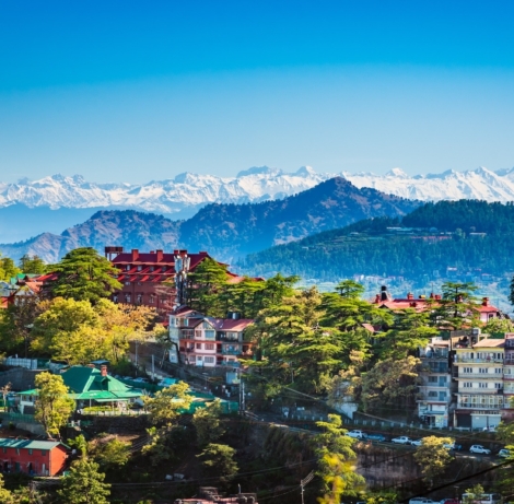 Beautiful panoramic cityscape of Shimla, the state capital of Himachal Pradesh located amidst Himalayas of India.